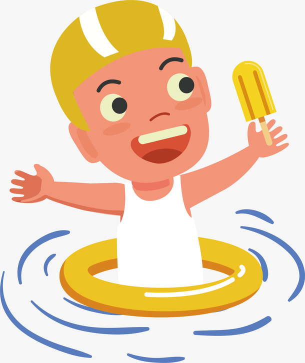 卡通夏天戴黄色游泳帽的小男孩免抠