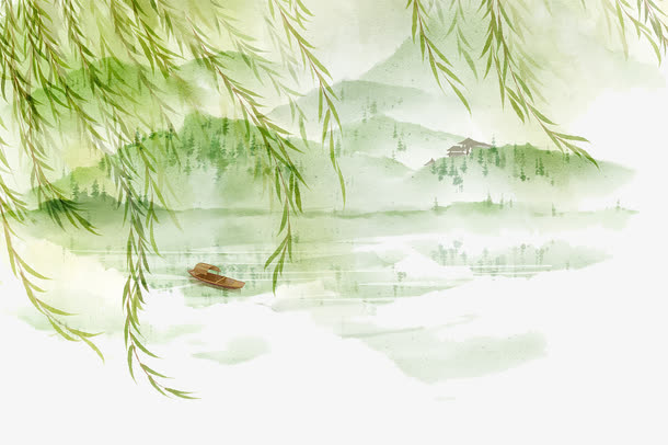 水墨手绘清风徐徐柳树吹免抠