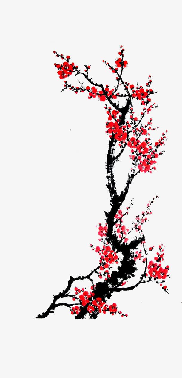 水墨红色梅花免抠