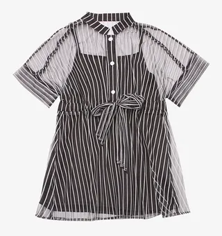 儿童条纹透视网纱公主连衣裙免抠