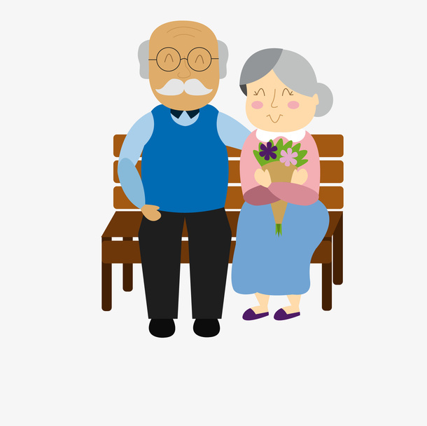 手绘卡通老人老年夫妻在公园长椅免抠