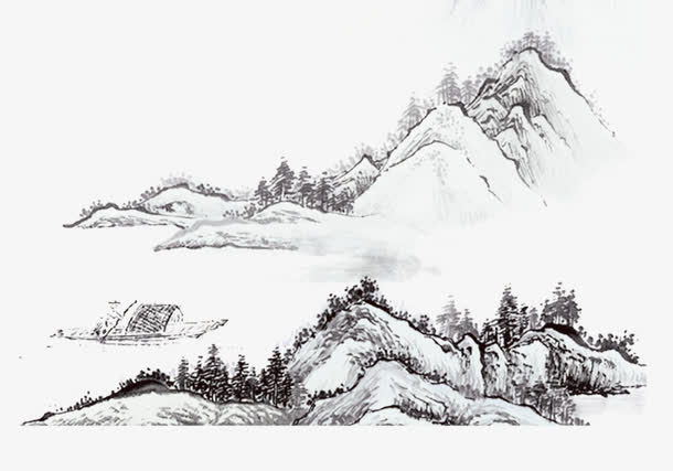 手绘山画中国风素材免抠
