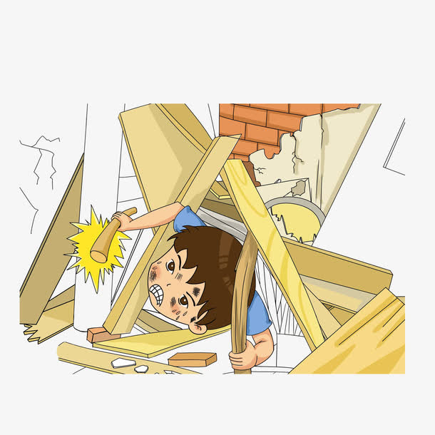 困在废墟中的小孩敲打墙面免抠