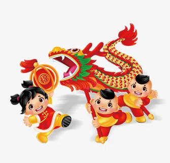 一群卡通小孩舞龙免抠