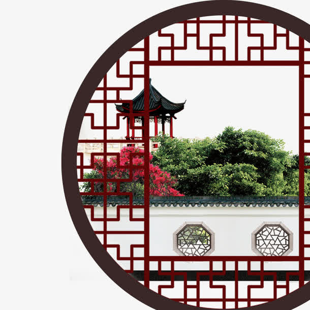 园林窗外的中国风凉亭免抠