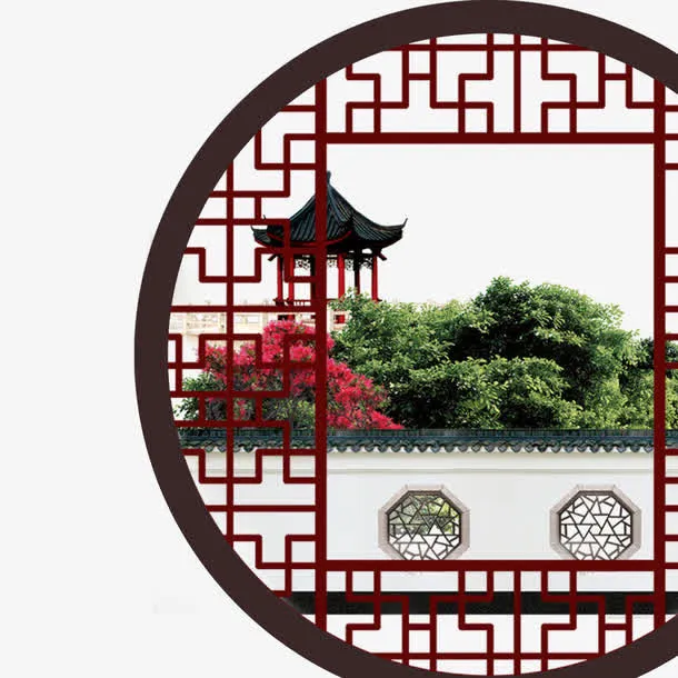 园林窗外的中国风凉亭免抠