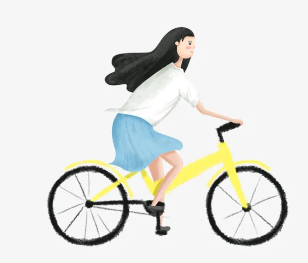 手绘人物小清新插画骑自行车的女免抠