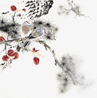 中国画树枝上鸟中秋免抠