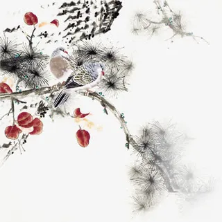 中国画树枝上鸟中秋免抠