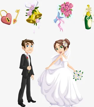 矢量婚礼装饰与卡通人物免抠