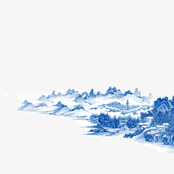 蓝色墨水山水画png素材免抠