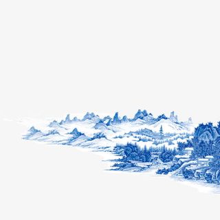 蓝色墨水山水画png素材免抠