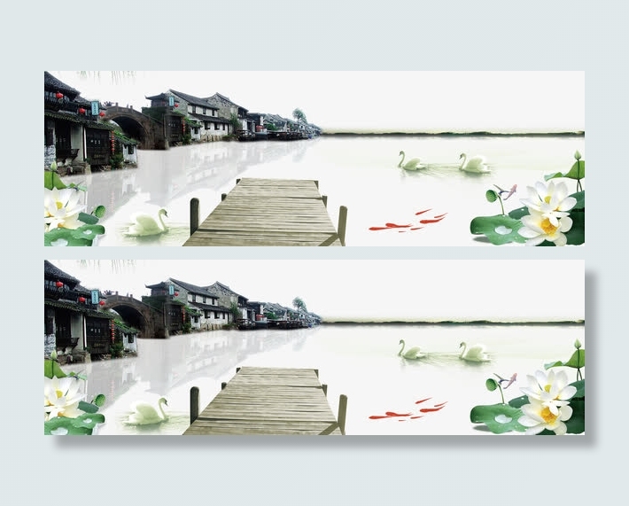 卡通水墨小镇鸳鸯免抠