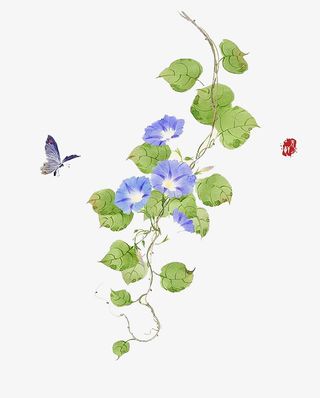水彩紫色牵牛花绿叶免抠