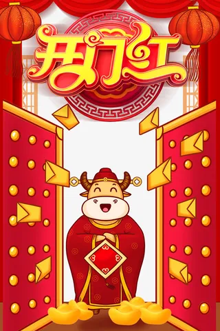 开门红灯笼手绘牛红包元宝大门免抠节日其他节日元素