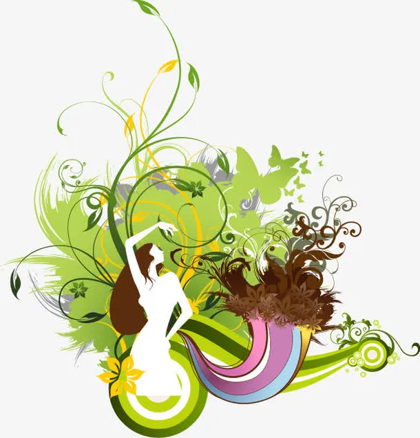 手绘绿色花朵人物舞蹈免抠