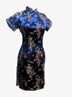 蓝色丝绸花卉纹样旗袍免抠 蓝色丝绸花卉纹样旗袍免抠