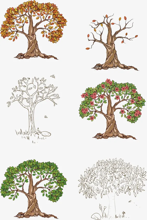 手绘彩绘树木矢量图形免抠