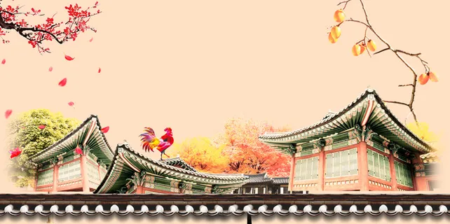 中国风水彩古建筑春节背景素材高清