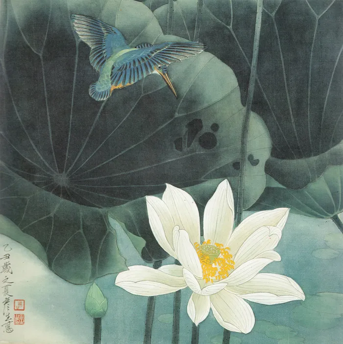 白荷花荷叶蜂鸟国画高清
