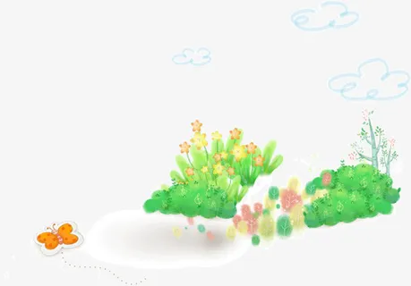 手绘绿色草丛花朵免抠