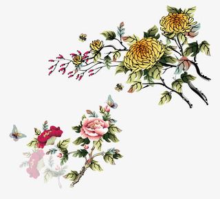 水墨菊花牡丹吉祥年画素材免抠