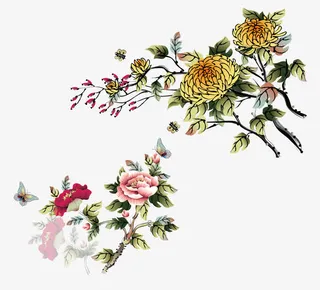 水墨菊花牡丹吉祥年画素材免抠