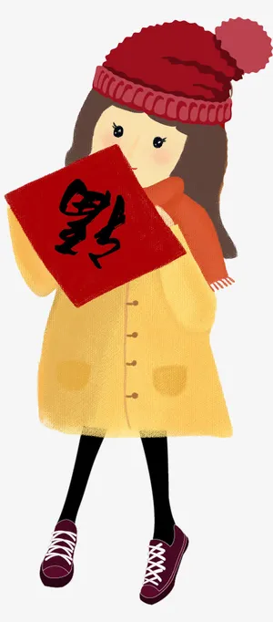 送福的手绘女孩插画免抠