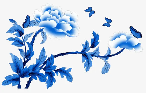 蓝色花朵树枝免抠
