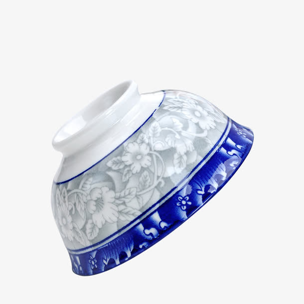 产品实物蓝色花边青花碗侧面展示免抠