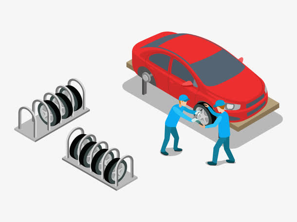 矢量卡通维修汽车员工换轮胎免抠