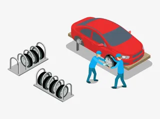 矢量卡通维修汽车员工换轮胎免抠