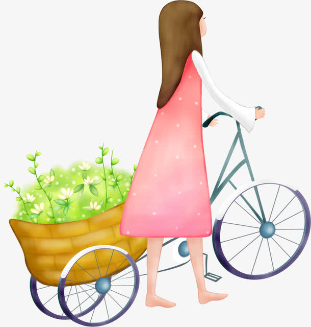 粉色推车女孩唯美免抠