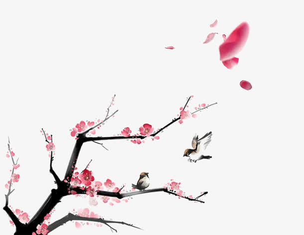 水墨桃花飞翔的麻雀免抠