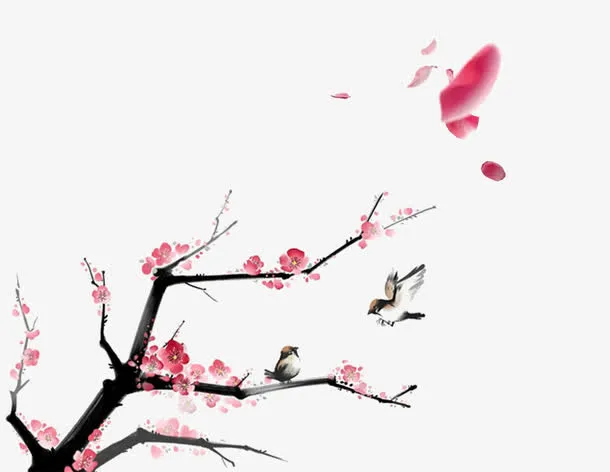 水墨桃花飞翔的麻雀免抠