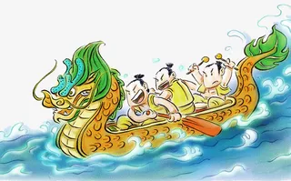 手绘水彩插图端午节划龙舟免抠