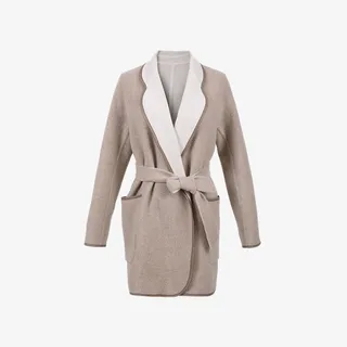 翻领皮革滚边绑带羊毛大衣免抠