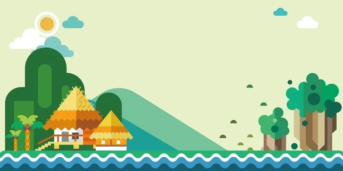 黄色扁平化卡通房子树木海报背景素材高清