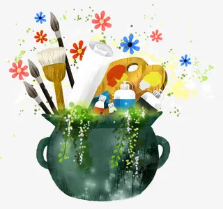 手绘装着画笔颜料调色板的缸装饰免抠