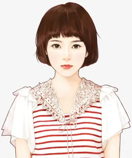 手绘短发学生女孩免抠