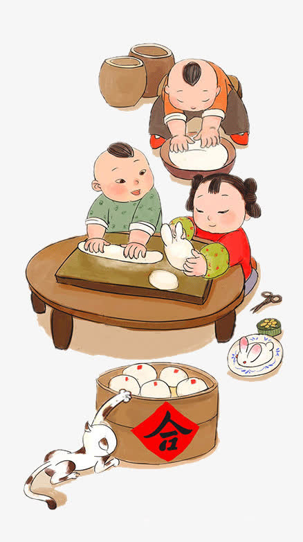 传统春节古典人物揉面团免抠