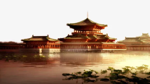 古代楼阁湖水古风手绘免抠