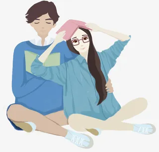 手绘插画图书馆情侣免抠
