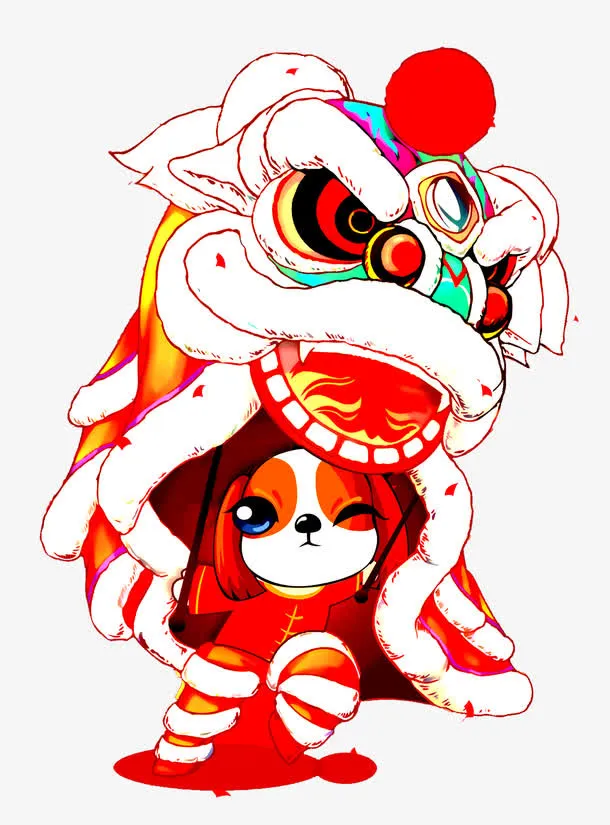 舞狮小狗卡通手绘png免抠图免抠
