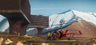 手绘冬日雪山飞机免抠