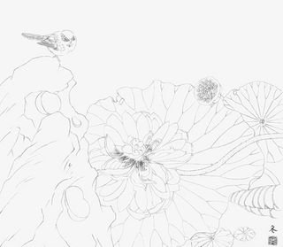 手绘睡莲工笔画线稿免抠