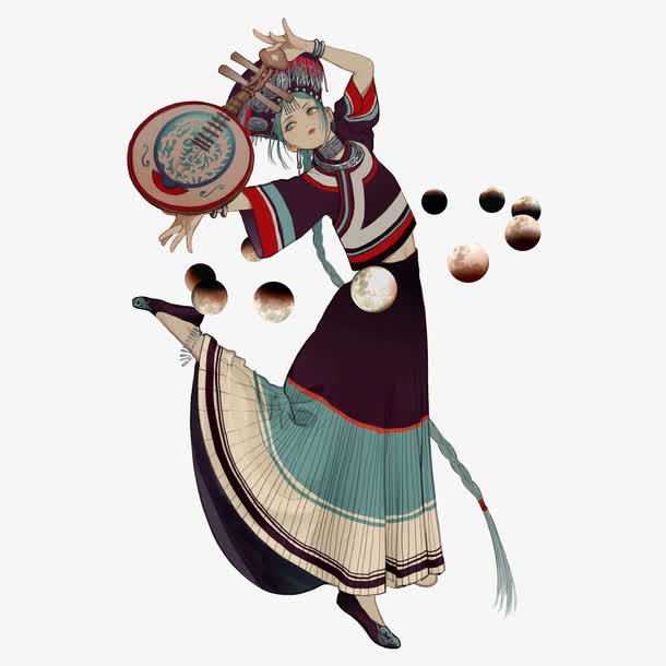 卡通唯美少数民族彝族美女弹琴跳免抠