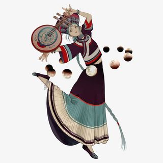 卡通唯美少数民族彝族美女弹琴跳免抠