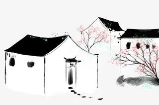 手绘高清房子桃花素材免抠