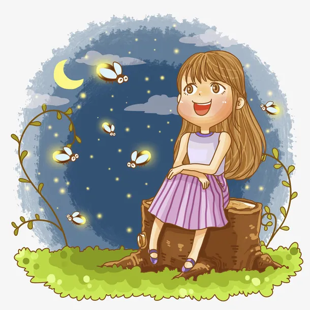 卡通小女孩夜空发光萤火虫免抠